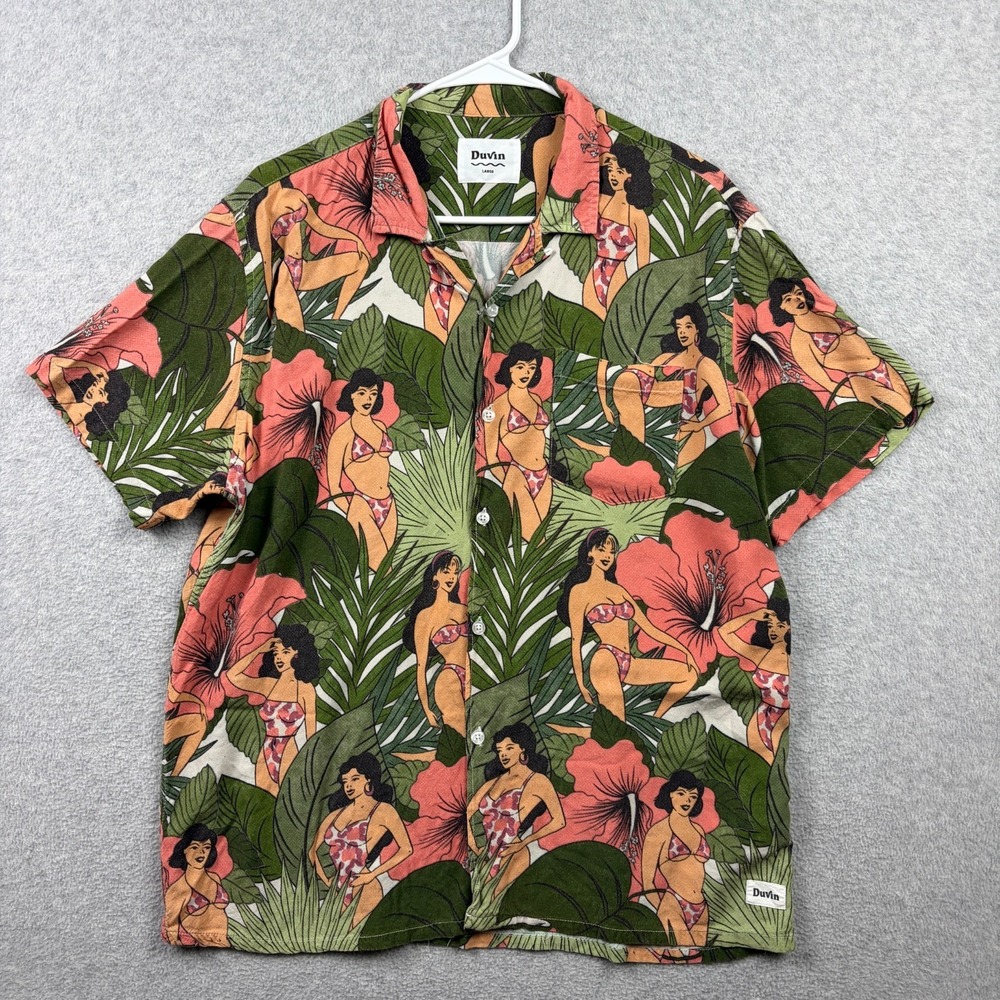 Duvin Shirt Mens Large Rayon Pin Up Girl AOP Camp Loop Collar Button Up Hawaiian